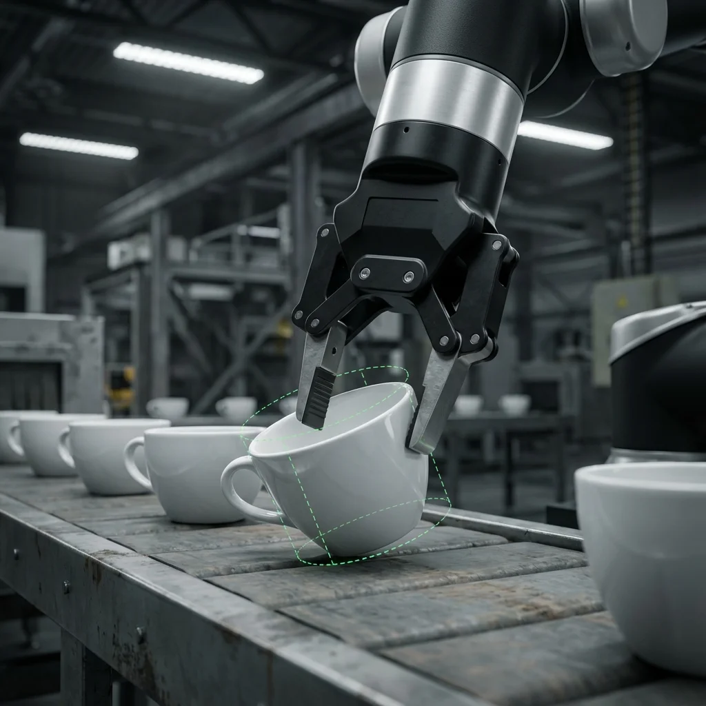Unbranded robotic gripper failing to grasp cup on conveyor due to alignment error